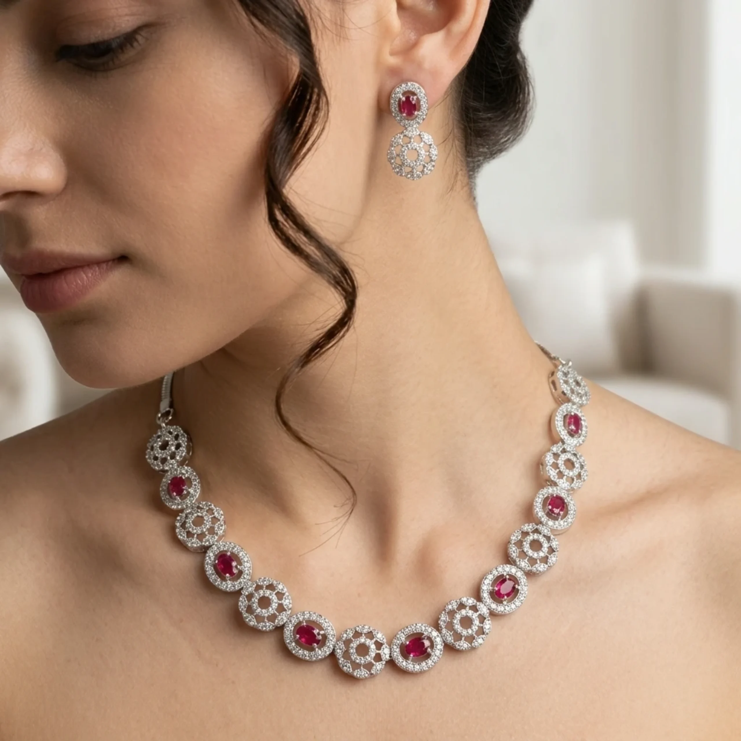 1 Royal Ruby Halo American Diamond Necklace Earring Set - SDN1116 - Image 1