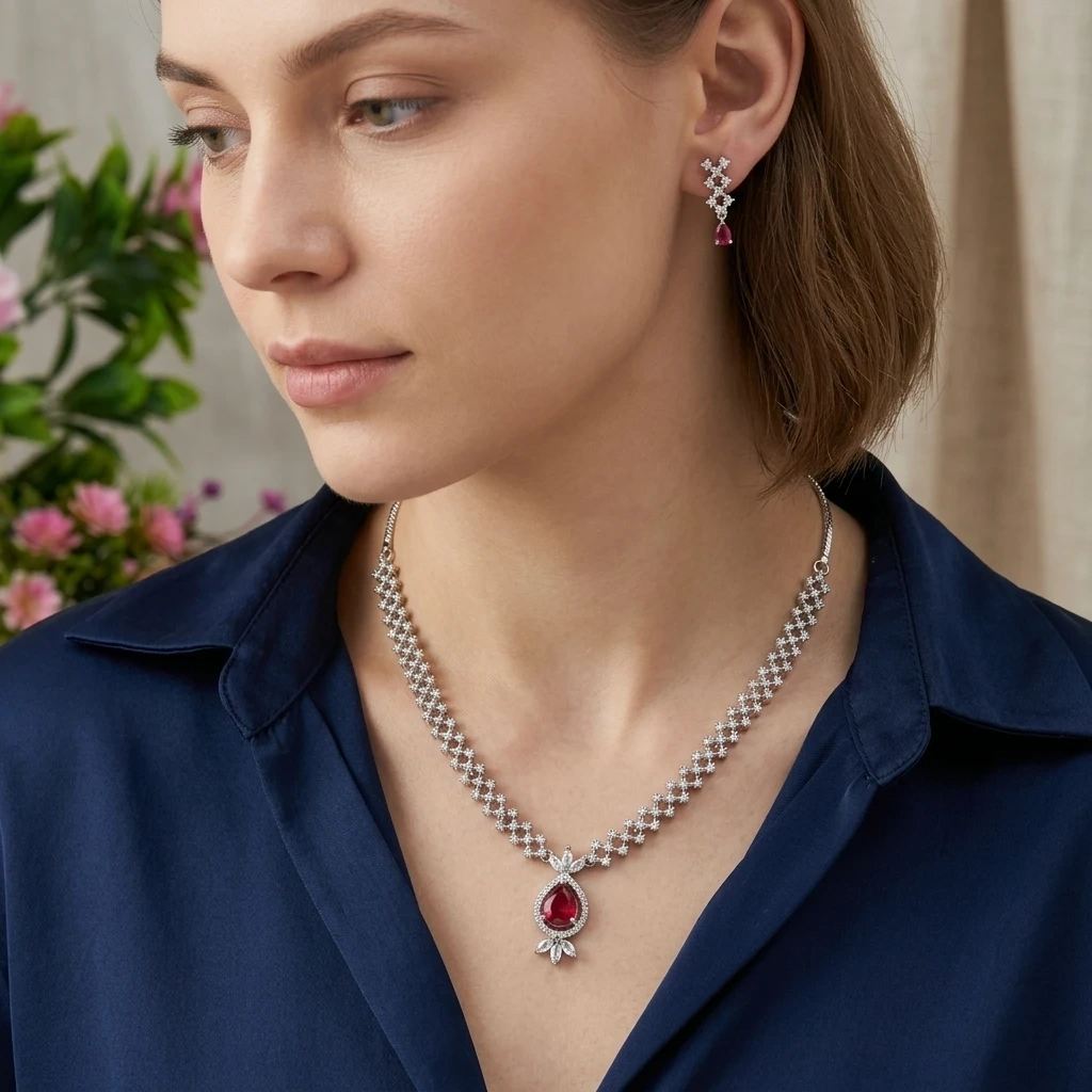 1 Ruby Royale American Diamond Necklace Set - Image 1