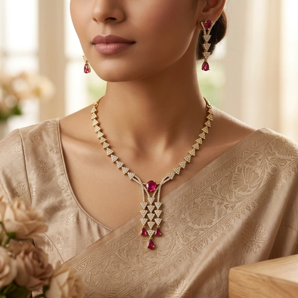 1 Ruby Cascade Victorian American Diamond Necklace & Earrings - Image 1
