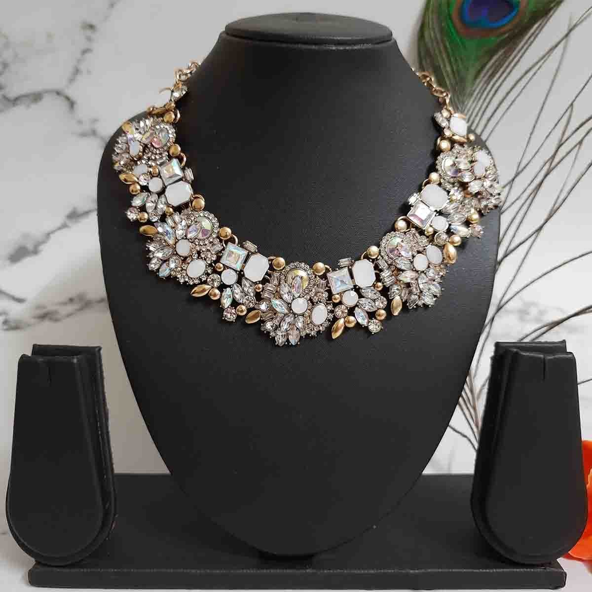 Swanky Diva Pink Color Highly Rhodium Plated Emerald Necklace for Women and Girls