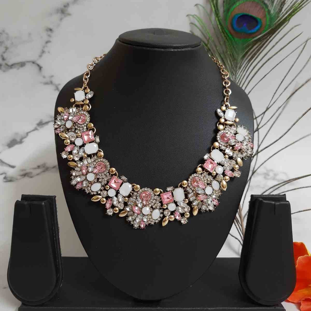 Swanky Diva Exaggerated Luxury Full Crystal Stylish Classic Trendy Highly Rhodium Plated White Crystal Stone Contemporary Neckpiece / Necklace design for Women and Girls.