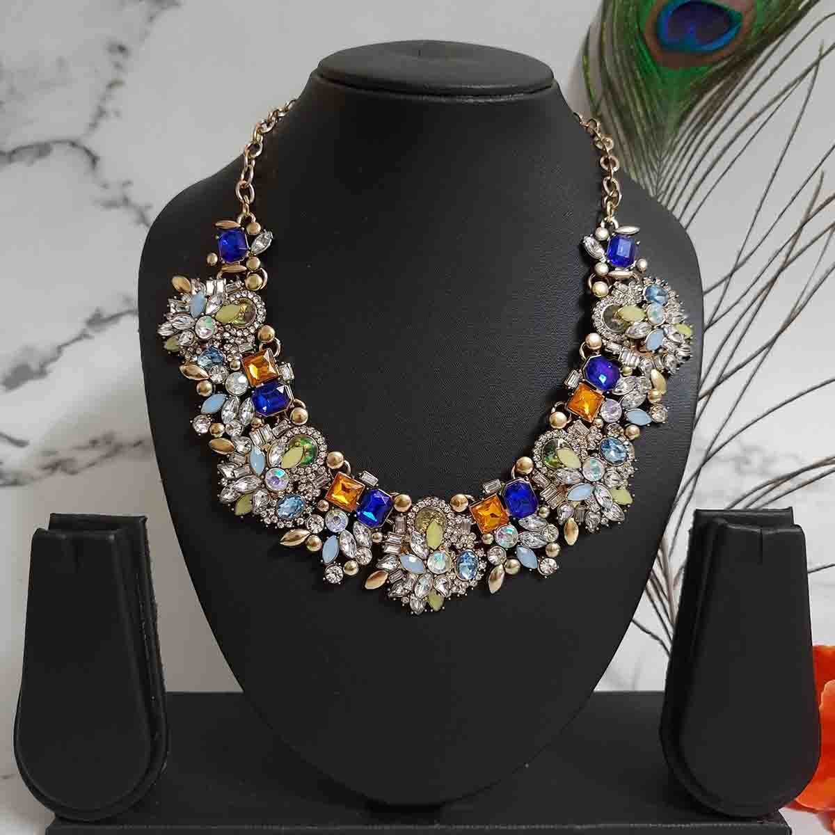 SDCon004 Swanky Diva Enshrine Statement Yellow Blue White Crystals Highly Rhodium Plated Contemporary Necklace for Women and Girls. - Image 1