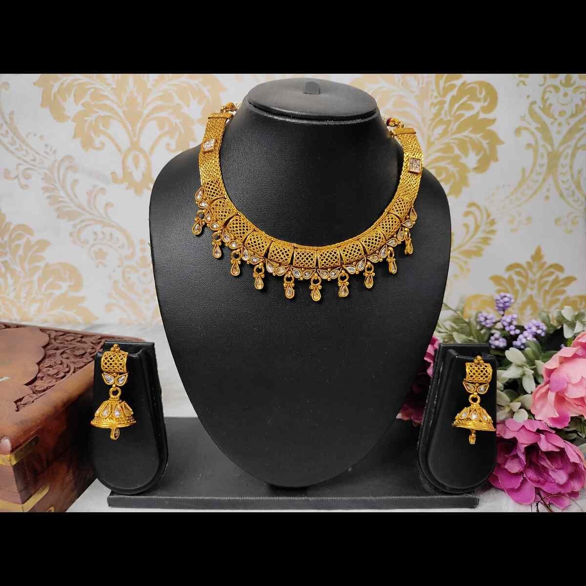 SDG003(1) Latest Gold Plated Kundan & American Diamond Copper Necklace & Earring Set - Image 1