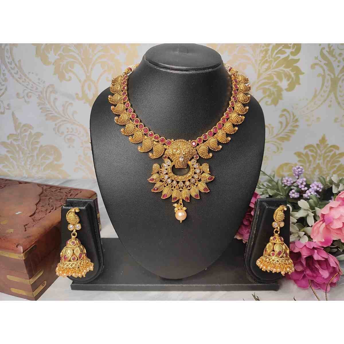 SDG008(1) Mango Design AD & ruby Stone Gold Plated Choker and Jhumka Earring Set - Image 1