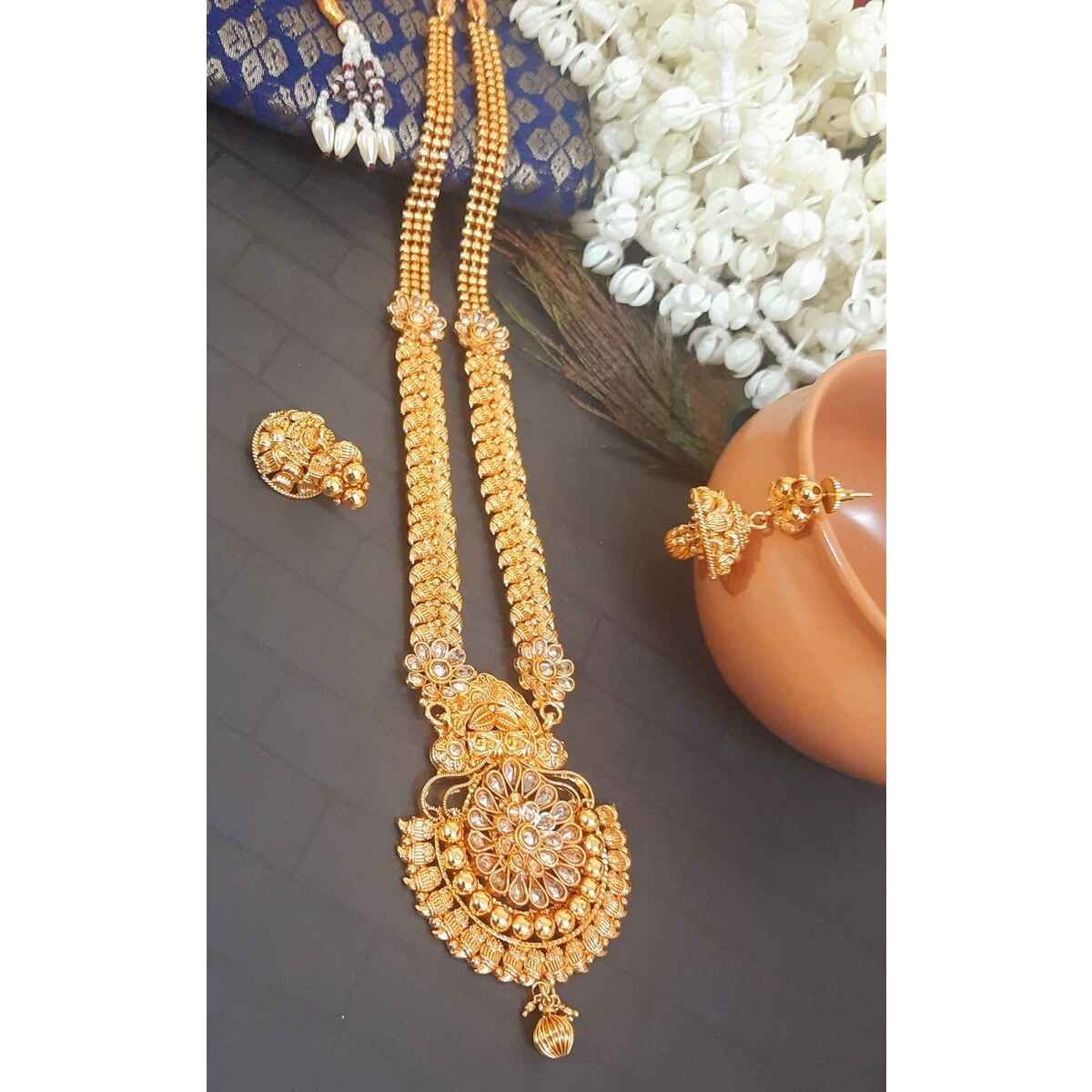 SDG012 Latest Gold Plated Kundan Long Haar and Jhumka Jewellery Set - Image 1