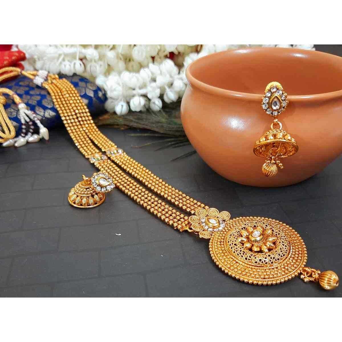 SDG014 Copper Base Long Necklace and Jhumka Earring Set - Image 1