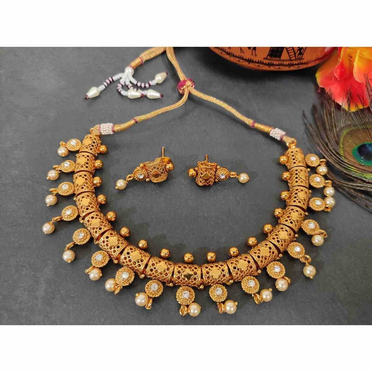 SDG016(1) Traditional South Indian Copper Highly Gold Plated Necklace Earrings Set for Wedding And Party Wear for Women & Girls. - Image 1
