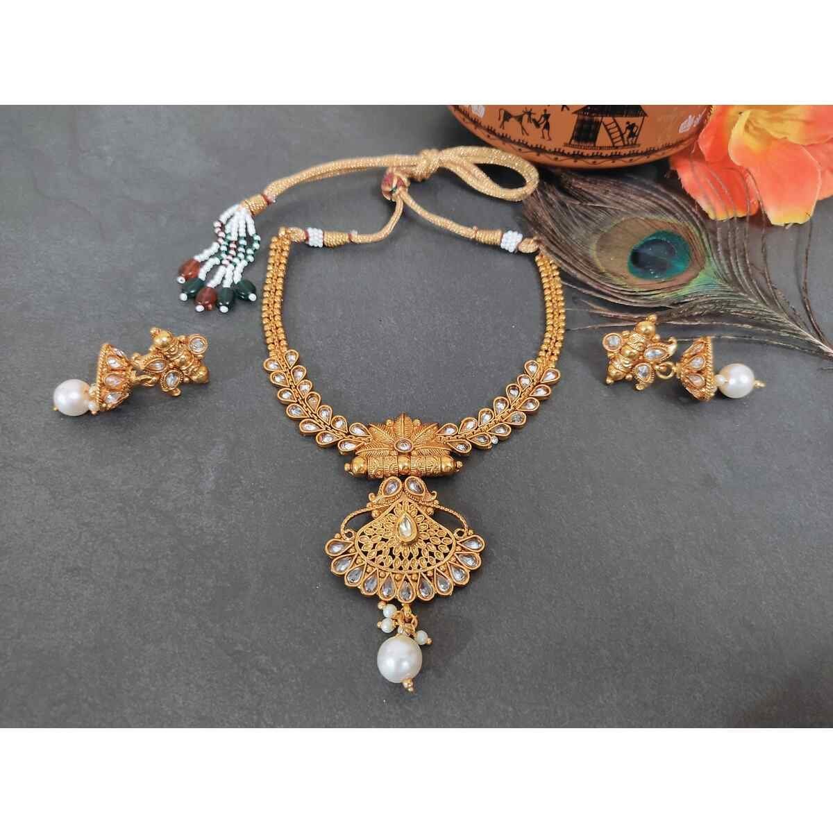 SDG017(1) Traditional South Indian Copper Highly Gold Plated Necklace Earrings Set for Wedding And Party Wear for Women & Girls. - Image 1