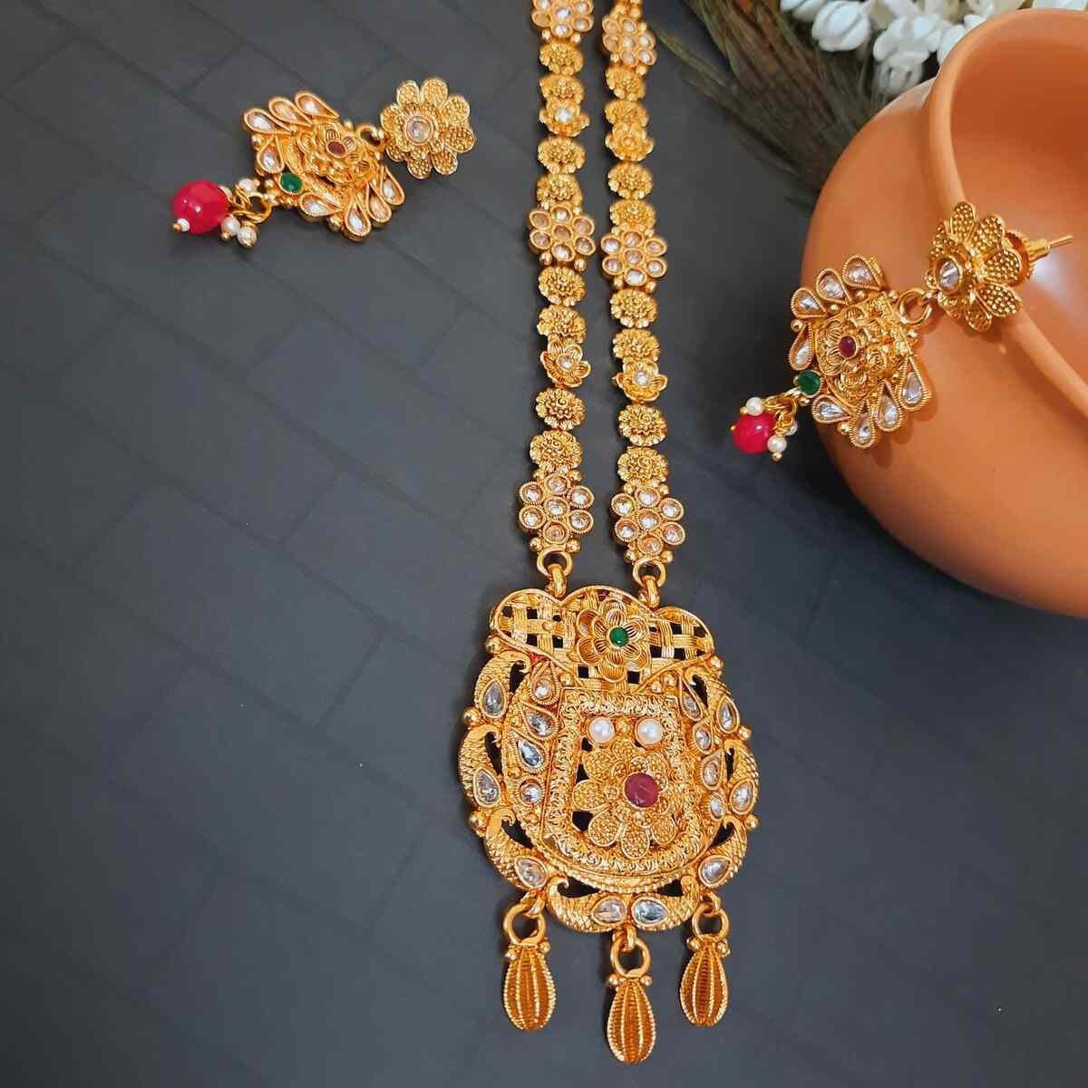 SDG026(1) Swanky Diva Copper High Quality Gold plating Kundan Long Necklace with Jhumka Earring Set - Image 1