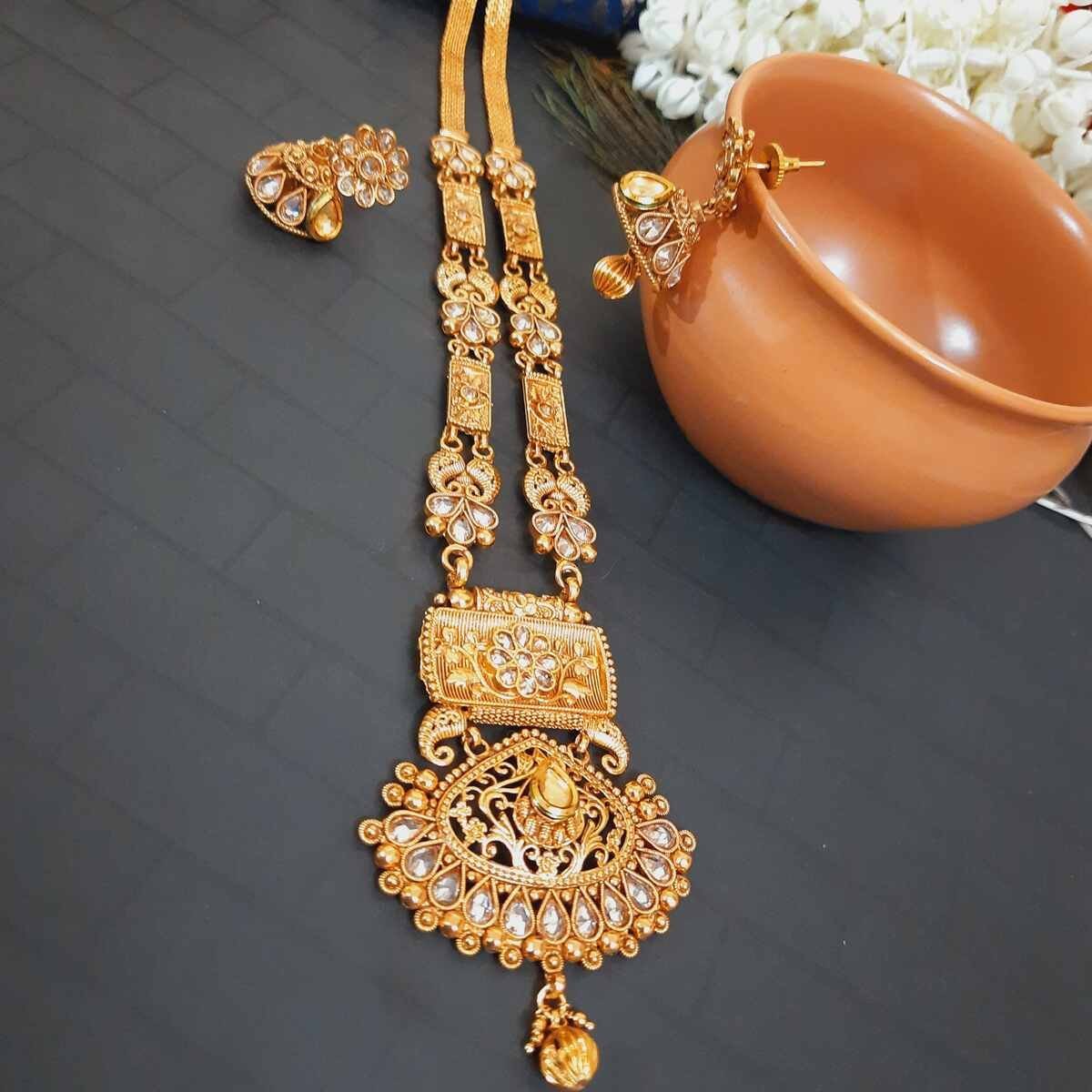 SDG027(1) Swanky Diva Copper High Quality Gold plating Kundan Long Necklace with Jhumka Earring Set - Image 1