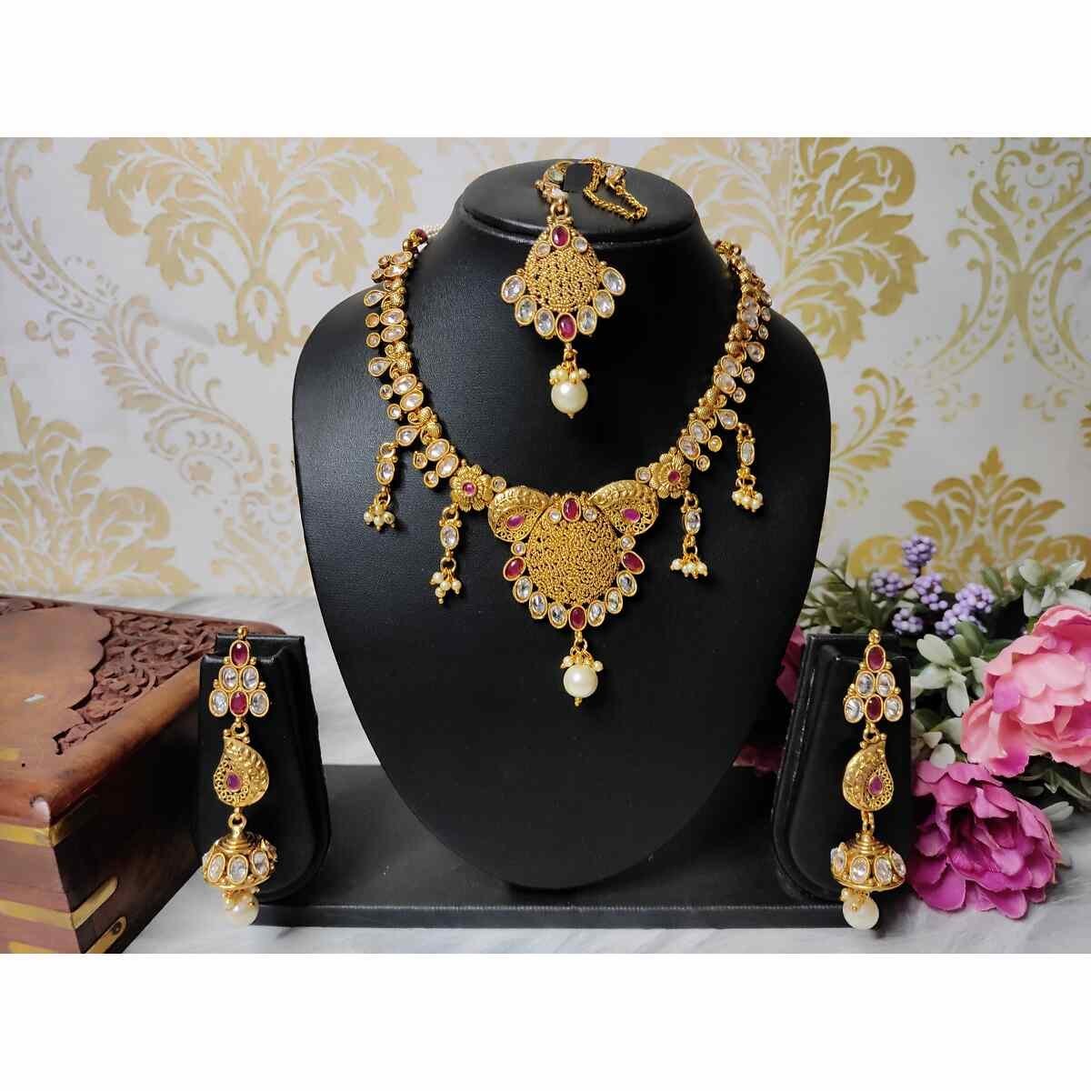 SDG028(1) Gold Plated Kundan & Pearl Necklace, Earring and Mang Tika set - Image 1