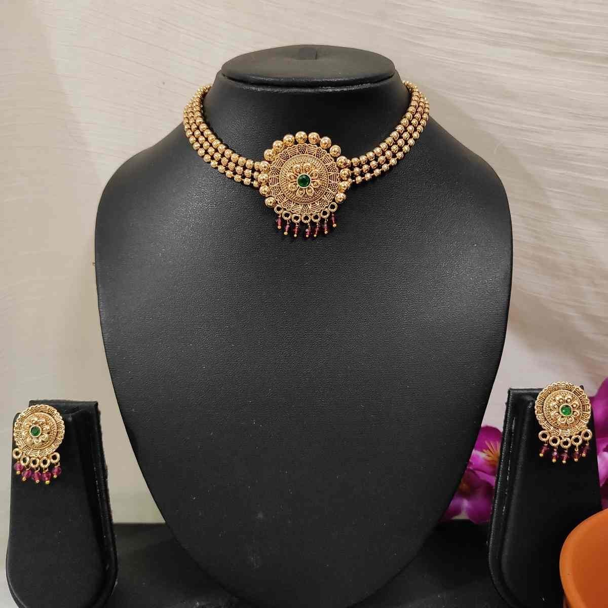 Ruby & Green Stone High Quality Gold Matte Finish Choker Necklace Earring Set