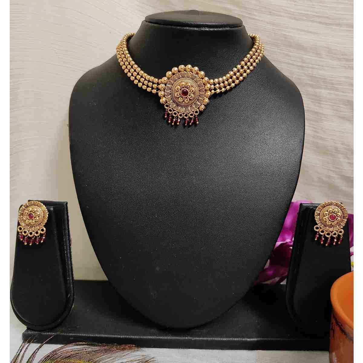 SDMN002 Ruby Stone High Quality Gold Matte Finish Choker Necklace Earring Set - Image 1