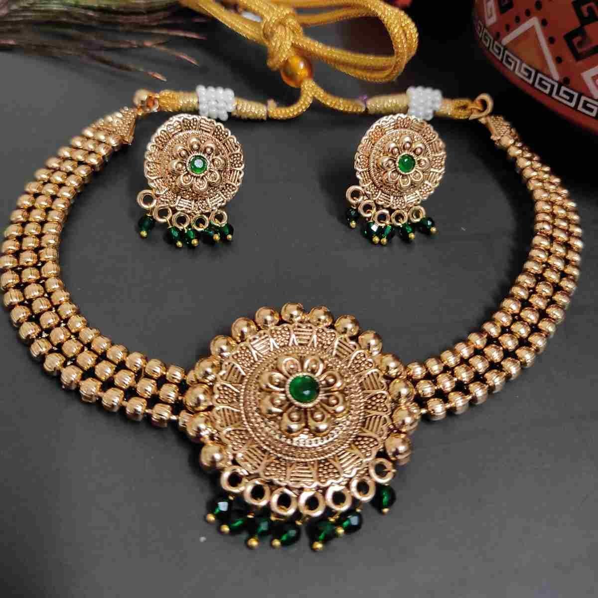 Green Stone High Quality Gold Matte Finish Choker Necklace Earring Set