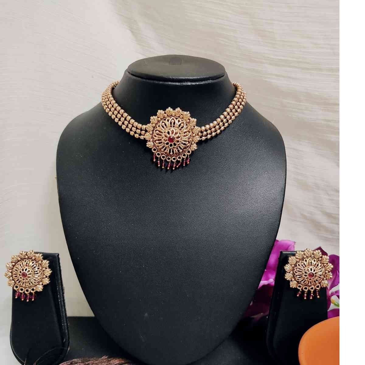 SDMN004 Pink Ruby Stone Latest Trendy Choker Necklace and Earring Set - Image 1