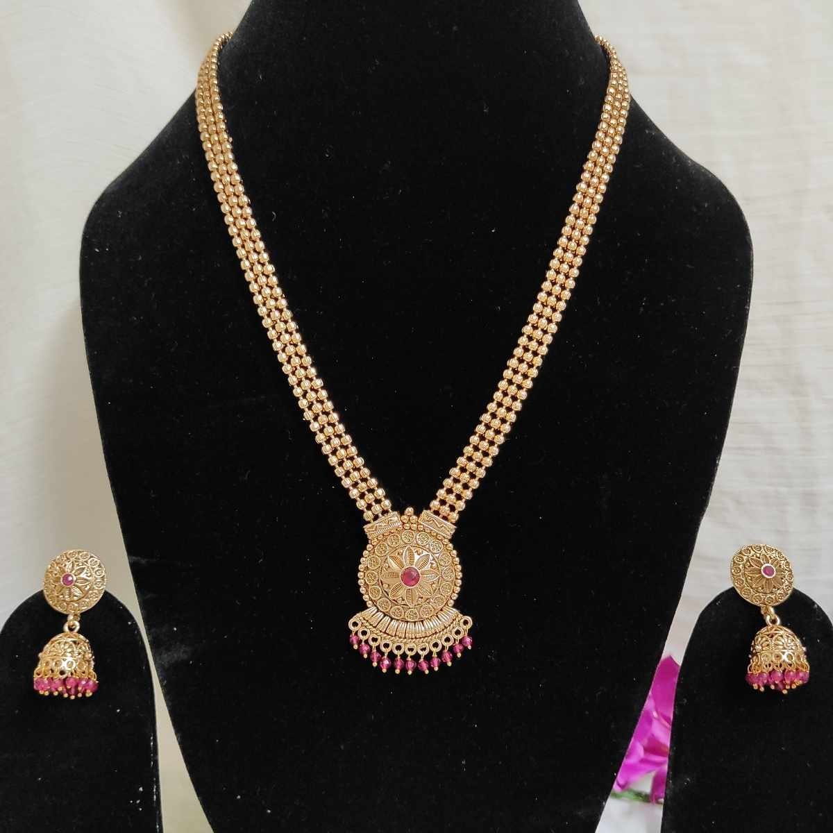 SDMN006 High Quality Gold Plated Ruby Stone Long Haram and Jhumka Earring Necklace set - Image 1