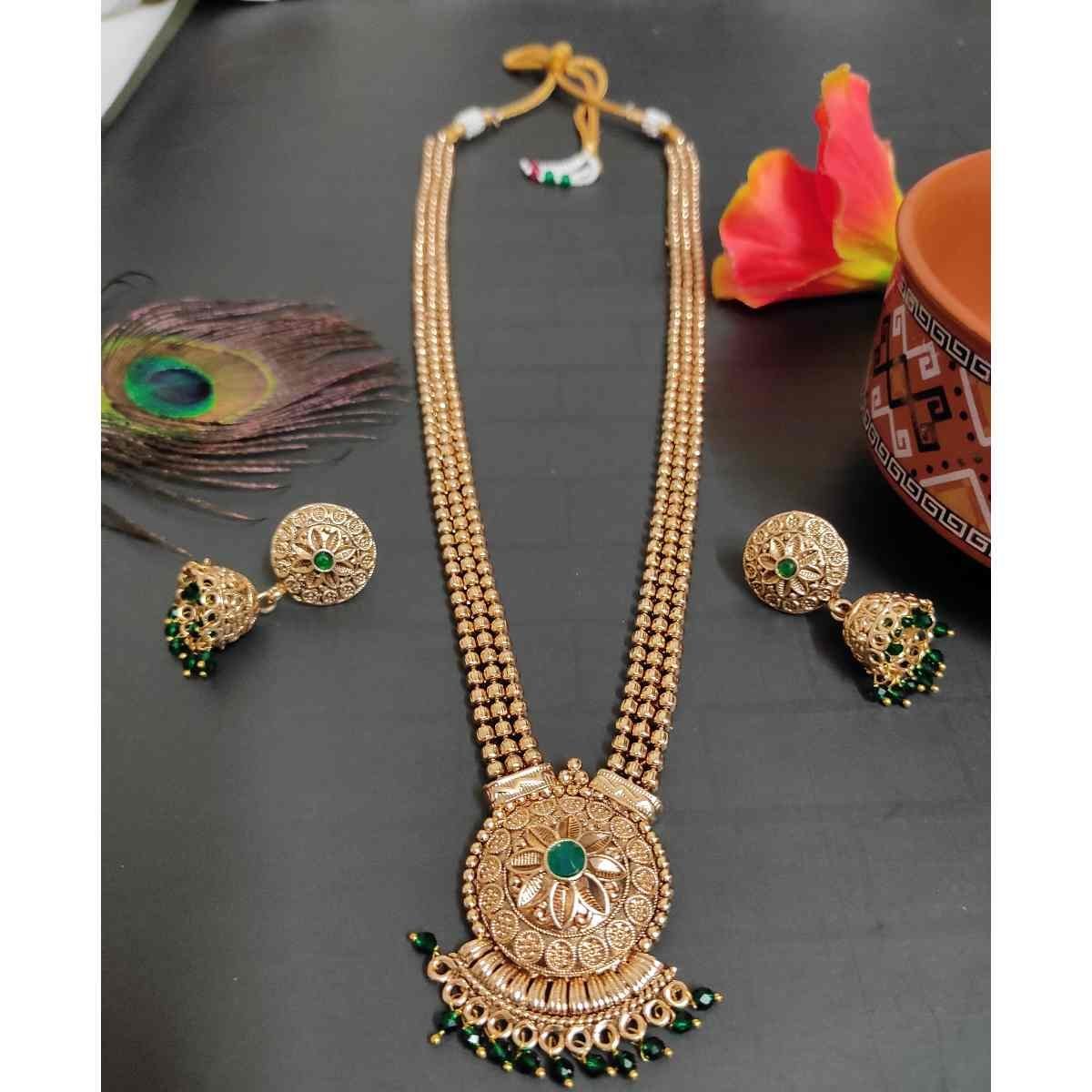 High Quality Gold Plated Green Stone Long Haram and Jhumka Earring Necklace set