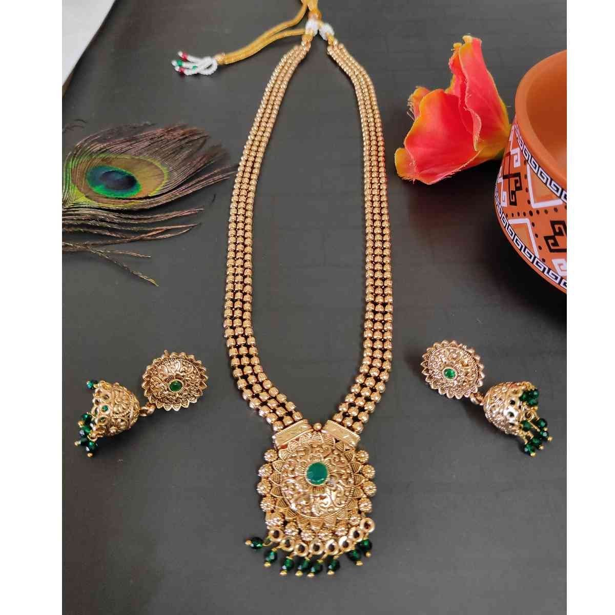 Green Stone High Quality Gold Matte Finish Long Necklace Jhumka Earring Set