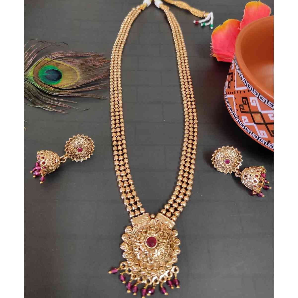 SDMN010 Ruby Stone long Haram With Jhumka Earrings - Image 1