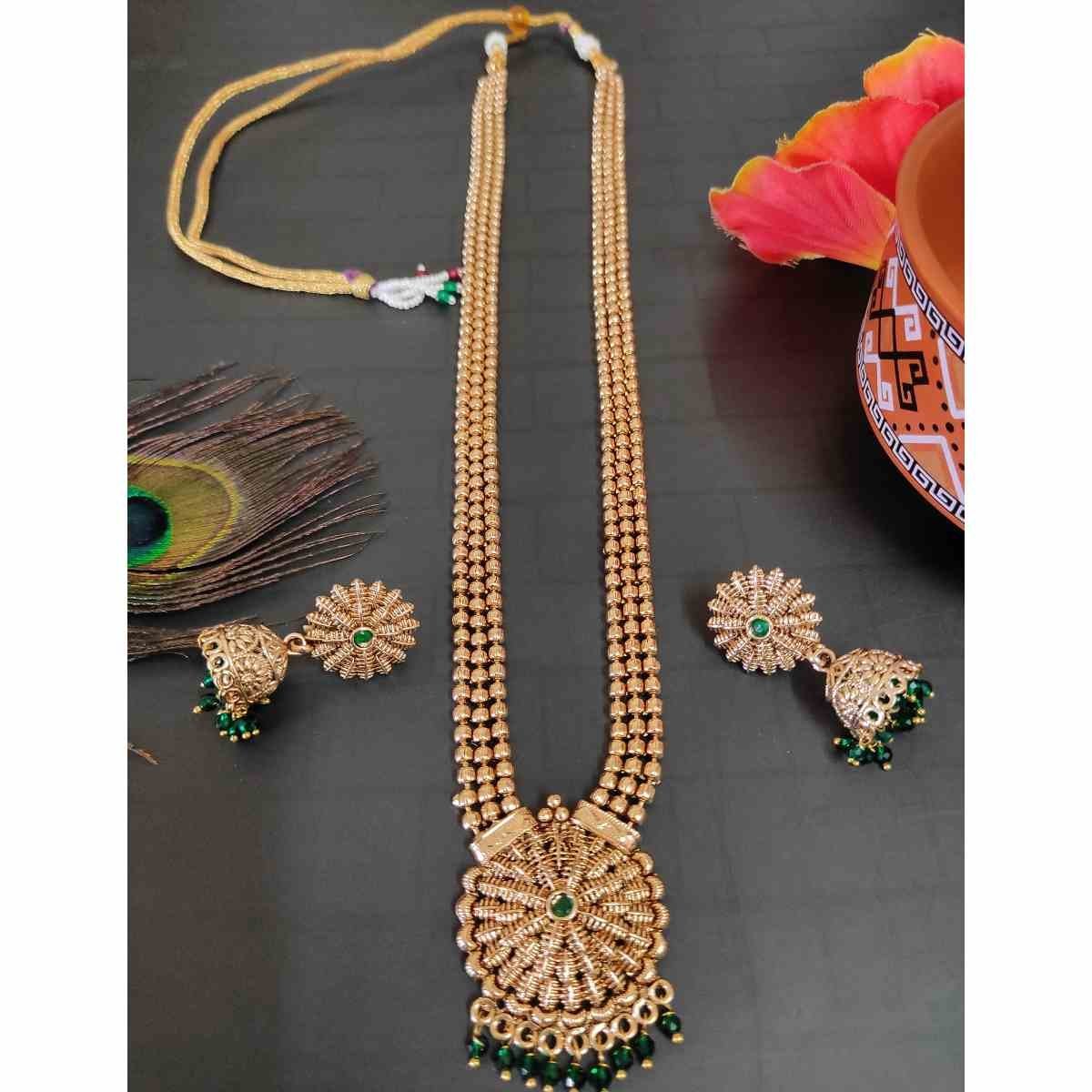 Green Stone High Quality Gold Matte Finish 24inches Long Necklace Jhumka Earring Set