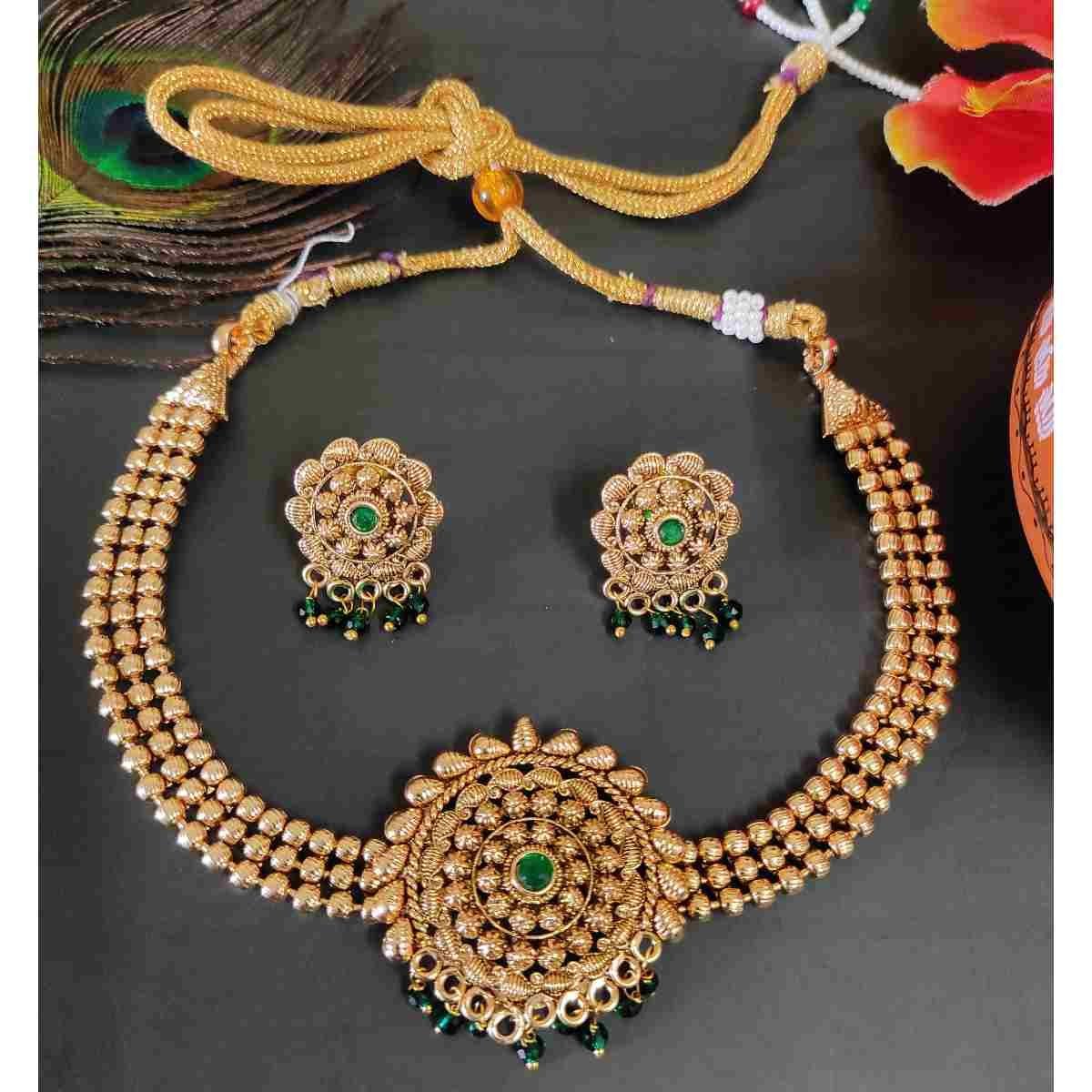SDMN014 Latest Green Stone High Quality Gold Matte Finish Choker Necklace Earring Set - Image 1