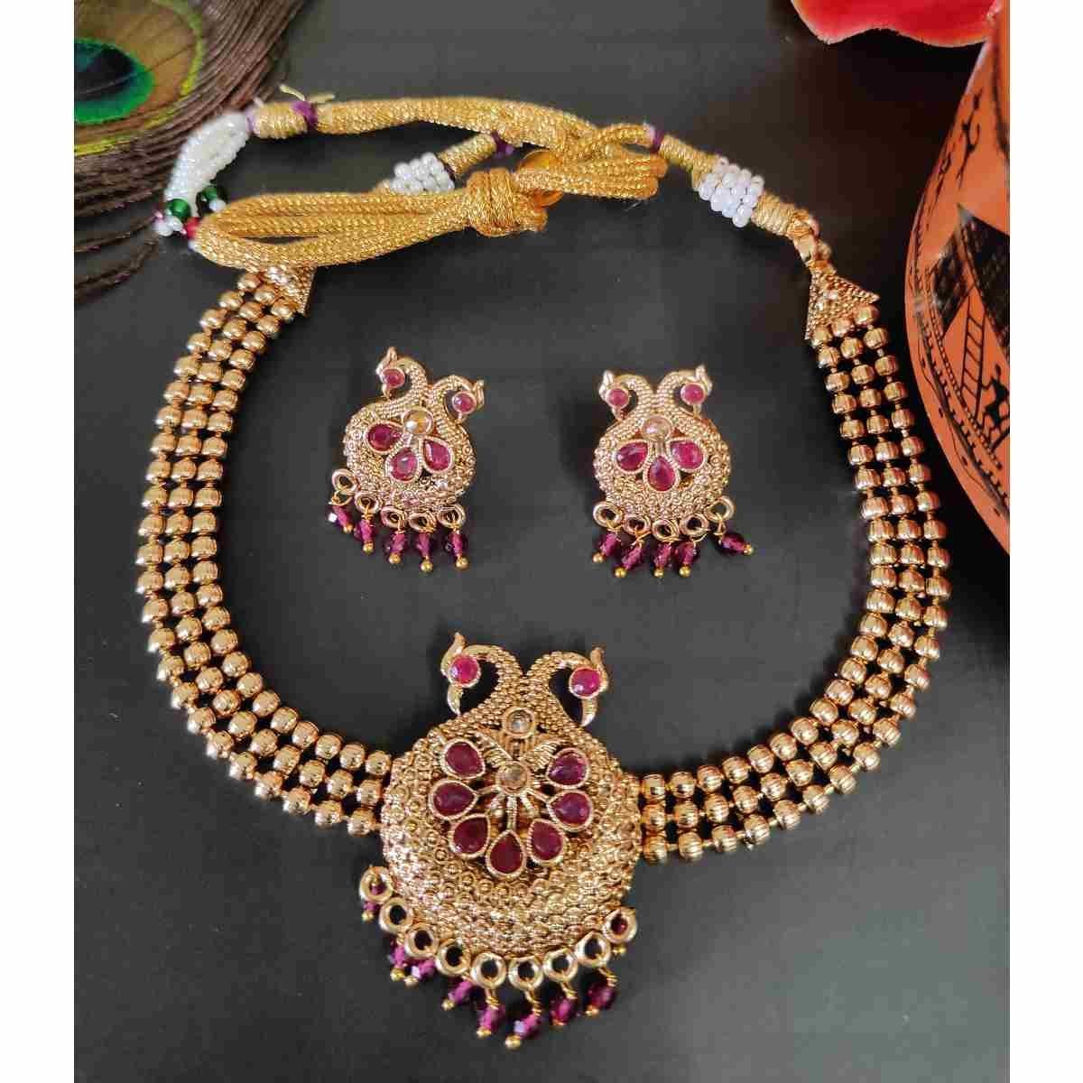 SDMN017 Unique 2 peacock design Ruby pendant choker necklace and stud earring Jewellery - Image 1