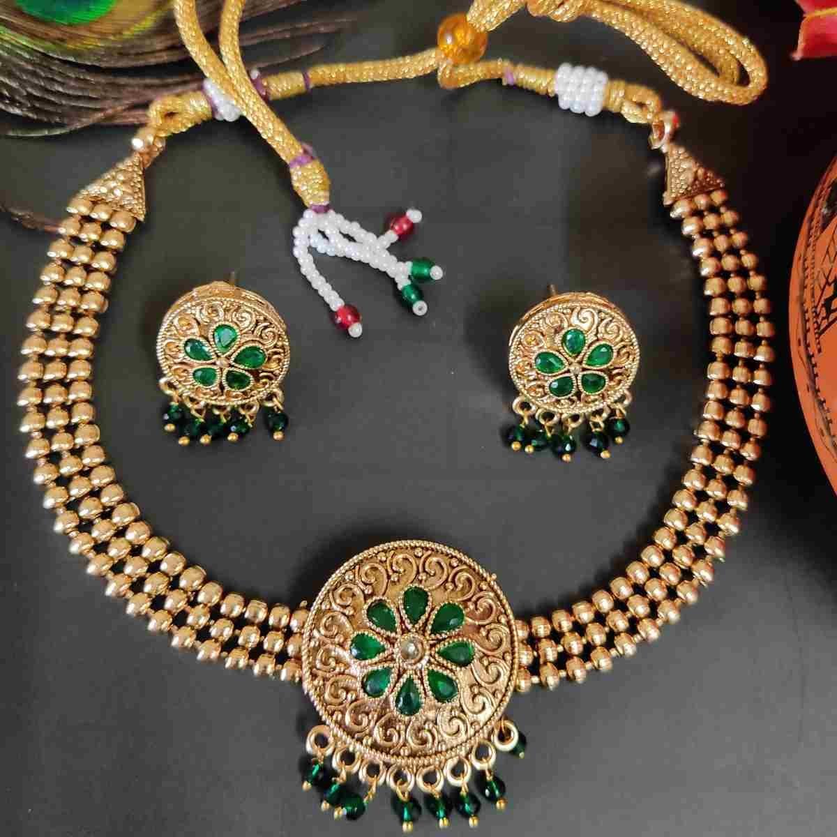 Green Stone High Quality Gold Matte Finish Choker Necklace Earring Set
