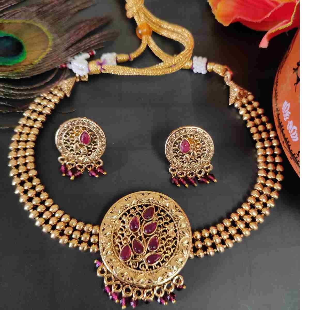 SDMN022 Latest Unique Leaf design Ruby Stone Choker Necklace and Stud Earrings Set - Image 1