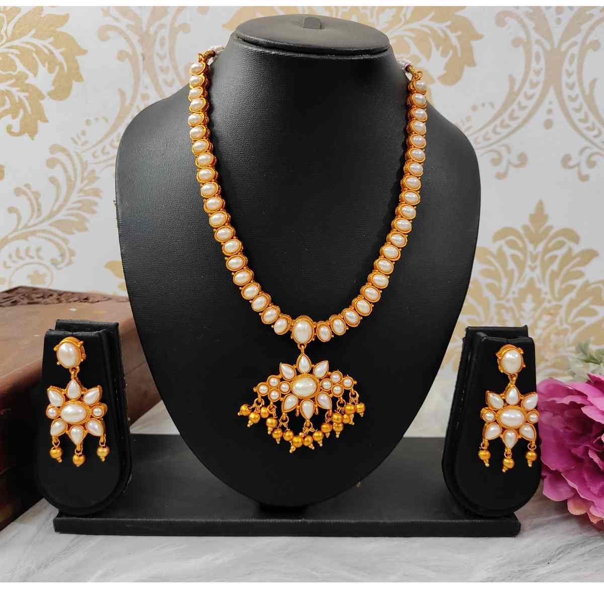 Unique Temple Design Pearl Matte Finish Necklace and Earring Set