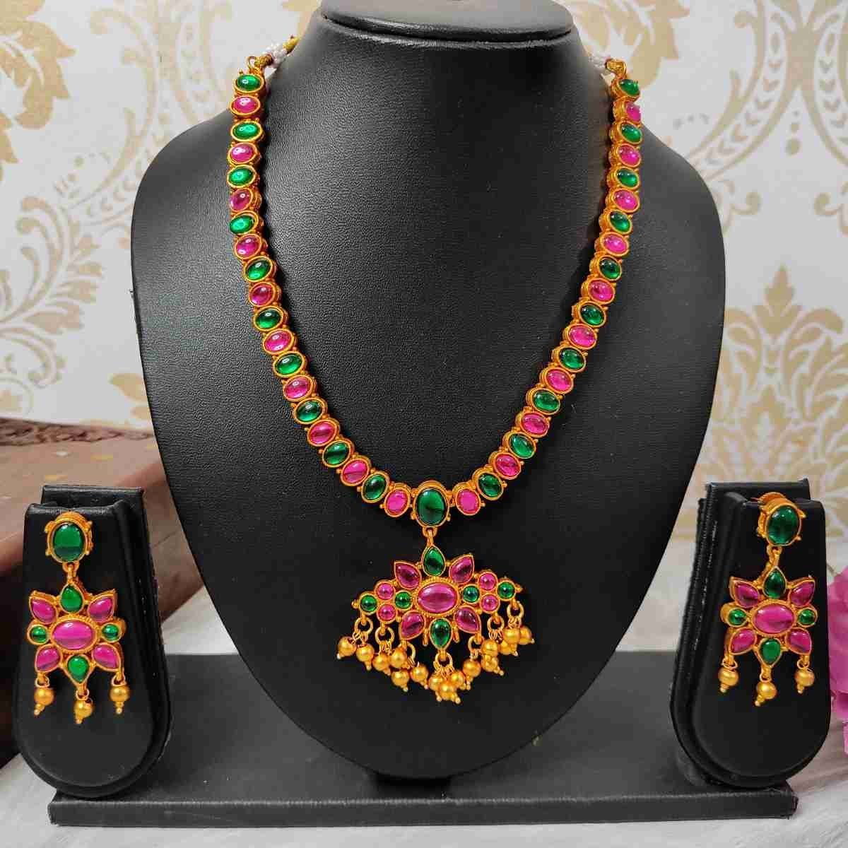 Unique Temple Design Ruby & Green Stone Golden Balls Matte Finish Necklace and Earring Set