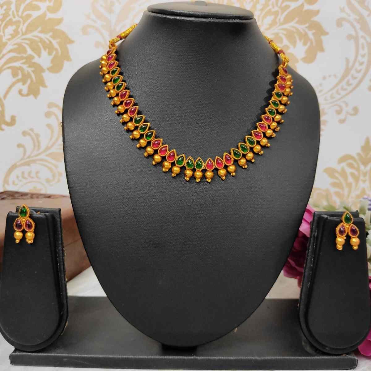 SDMN026(1) Unique Temple Design Ruby & Green Stone Golden Balls Matte Finish Necklace and Earring Set - Image 1