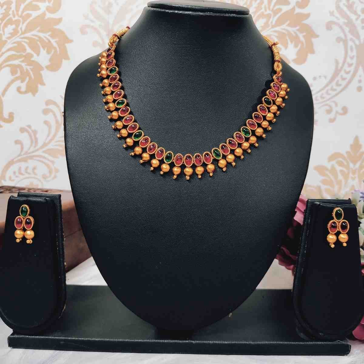 SDMN027(1) Unique Temple Design Ruby & Green Stone Golden Balls Matte Finish Necklace and Earring Set - Image 1