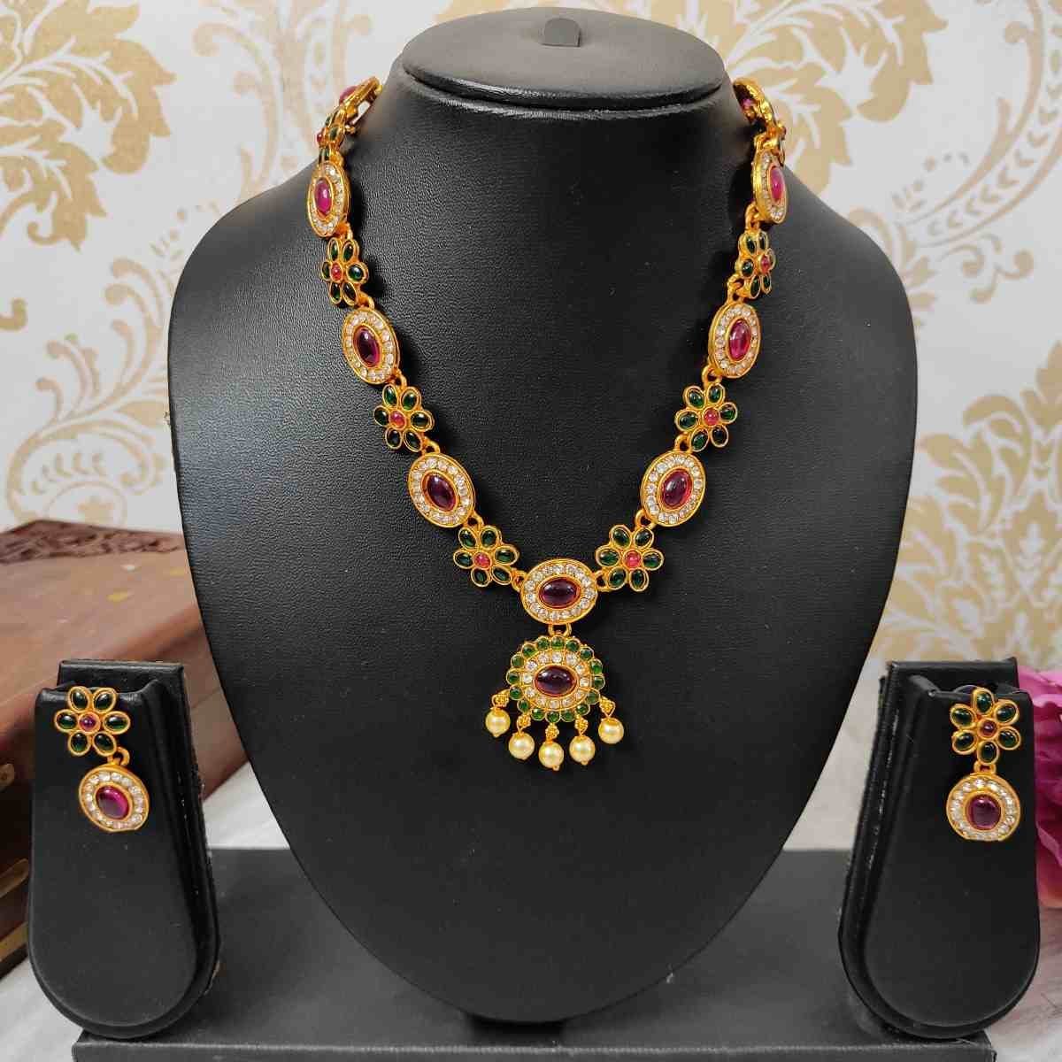 Latest Trendy Green, Ruby & American Diamond Stone with pearls Choker Necklace and Stud Earrings Set
