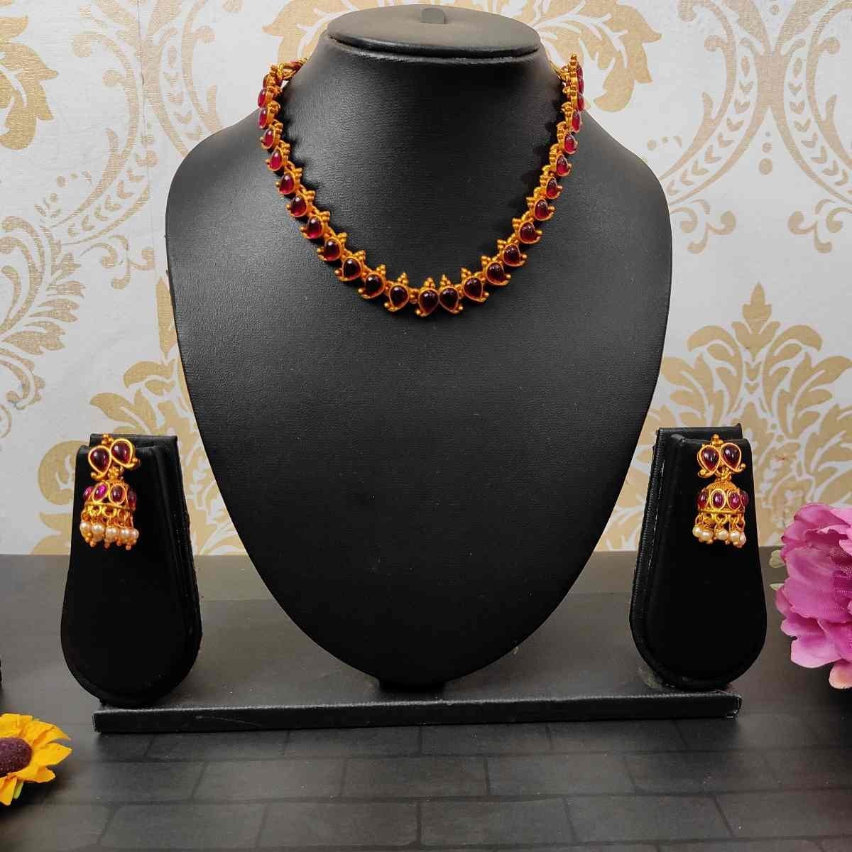 SDMN030 Pink Ruby Stone Latest Trendy Choker Necklace and Earring Set - Image 1