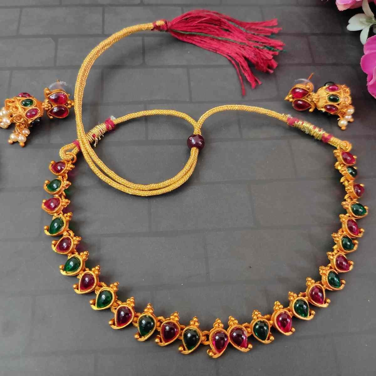 SDMN031 Ruby & Green Stone Latest Trendy Choker Necklace and Earring Set - Image 1