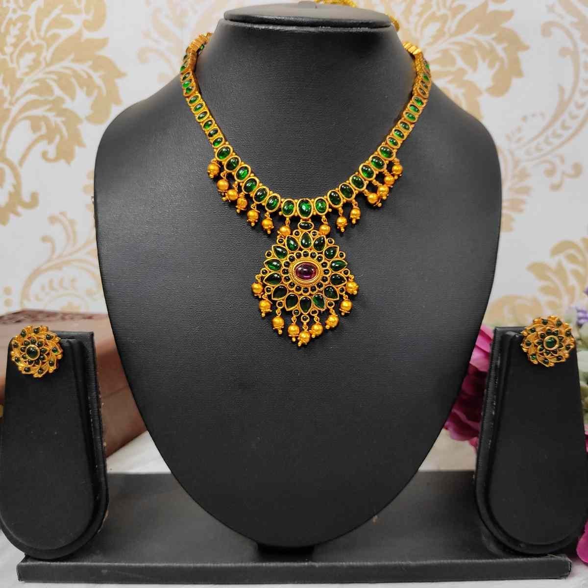 Unique Temple Design Ruby & Green Stone Golden Balls Matte Finish Necklace and Earring Set