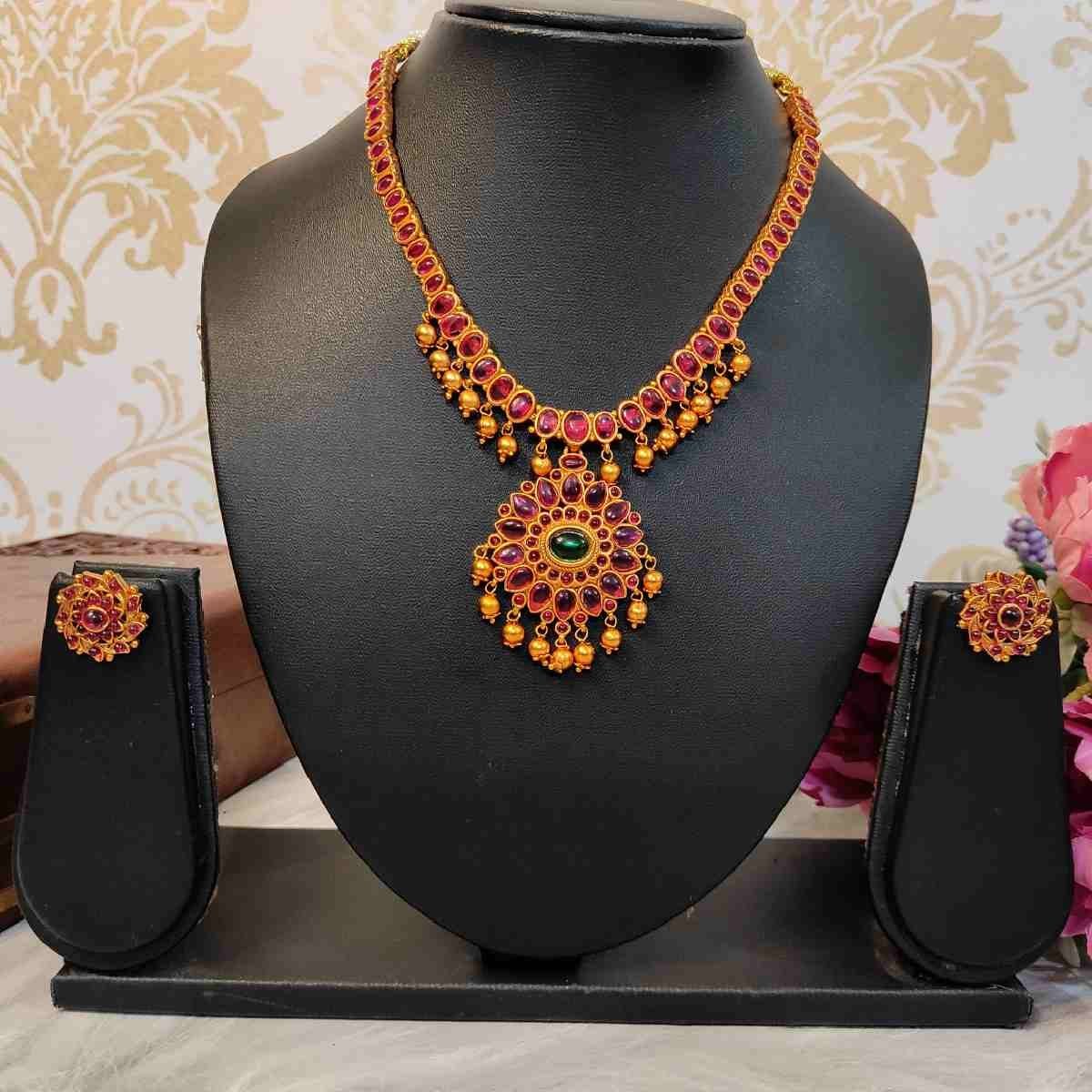 SDMN033 Unique Temple Design Ruby & Green Stone Golden Balls Matte Finish Necklace and Stud Earring Set - Image 1