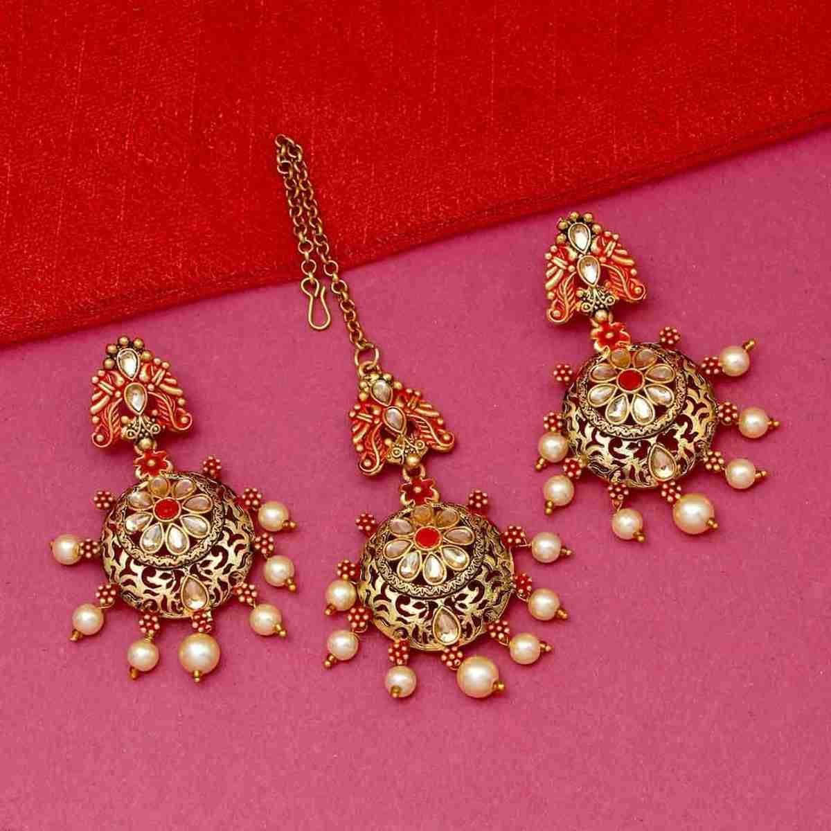 SDMTE001 Red Golden Maang Tikka and Earring Set - Image 1