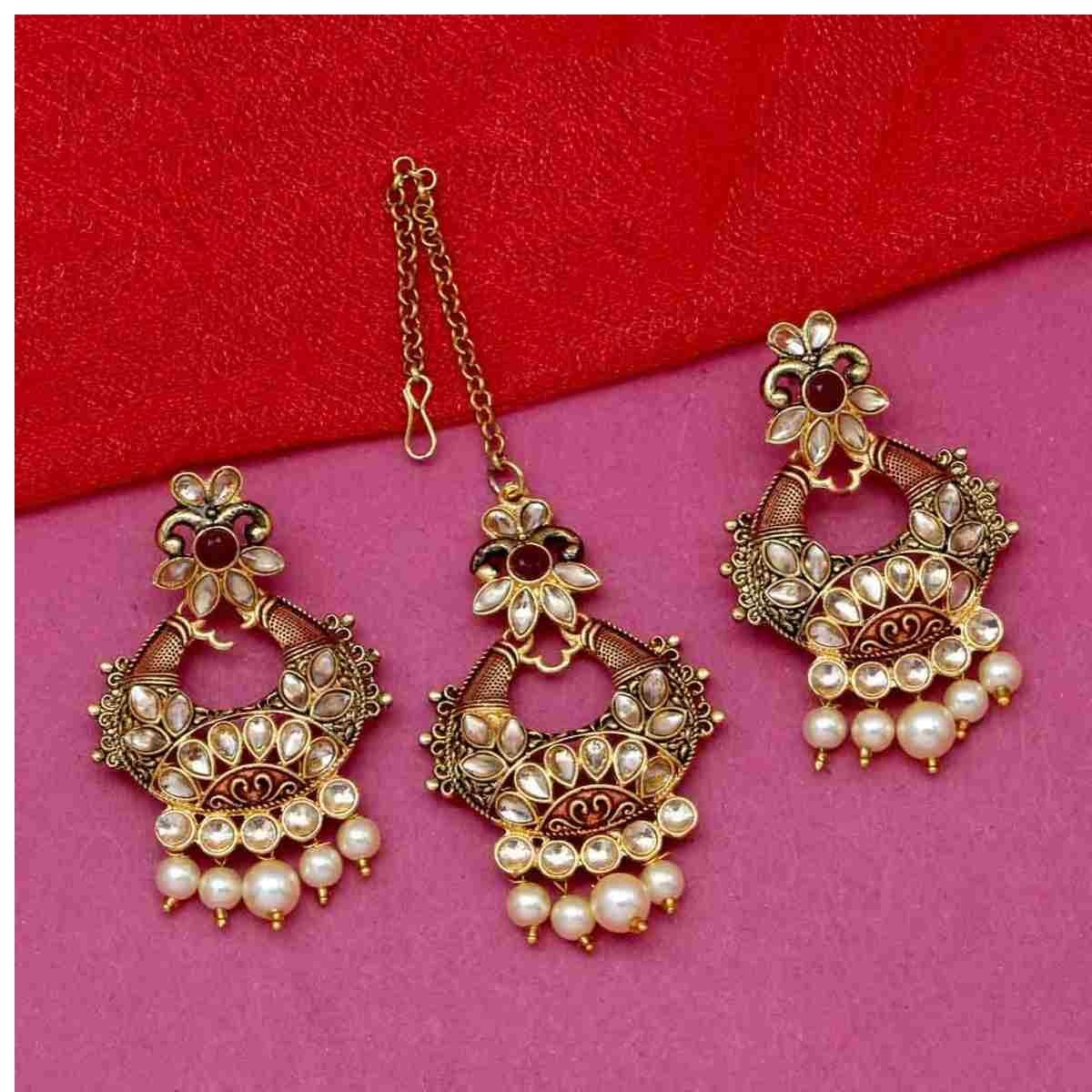 SDMTE003 Kundan Pearl Maang Tikka and Earring Set - Image 1