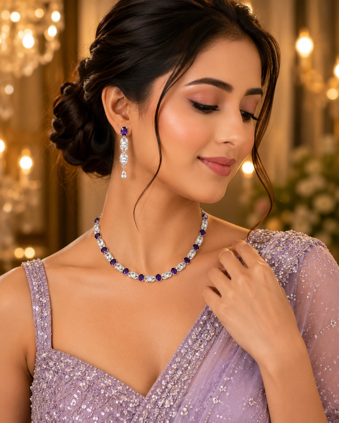 Lavender Royale American Diamond Necklace Set | SDN1109