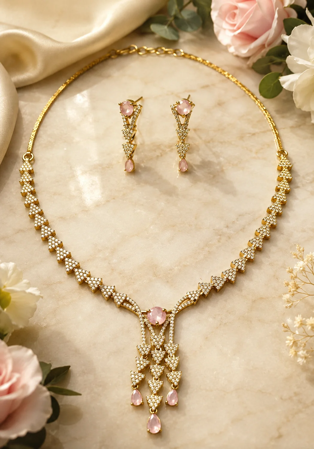 Pink Aura Designer American Diamond Gold-Plated Necklace Set | SDN1120
