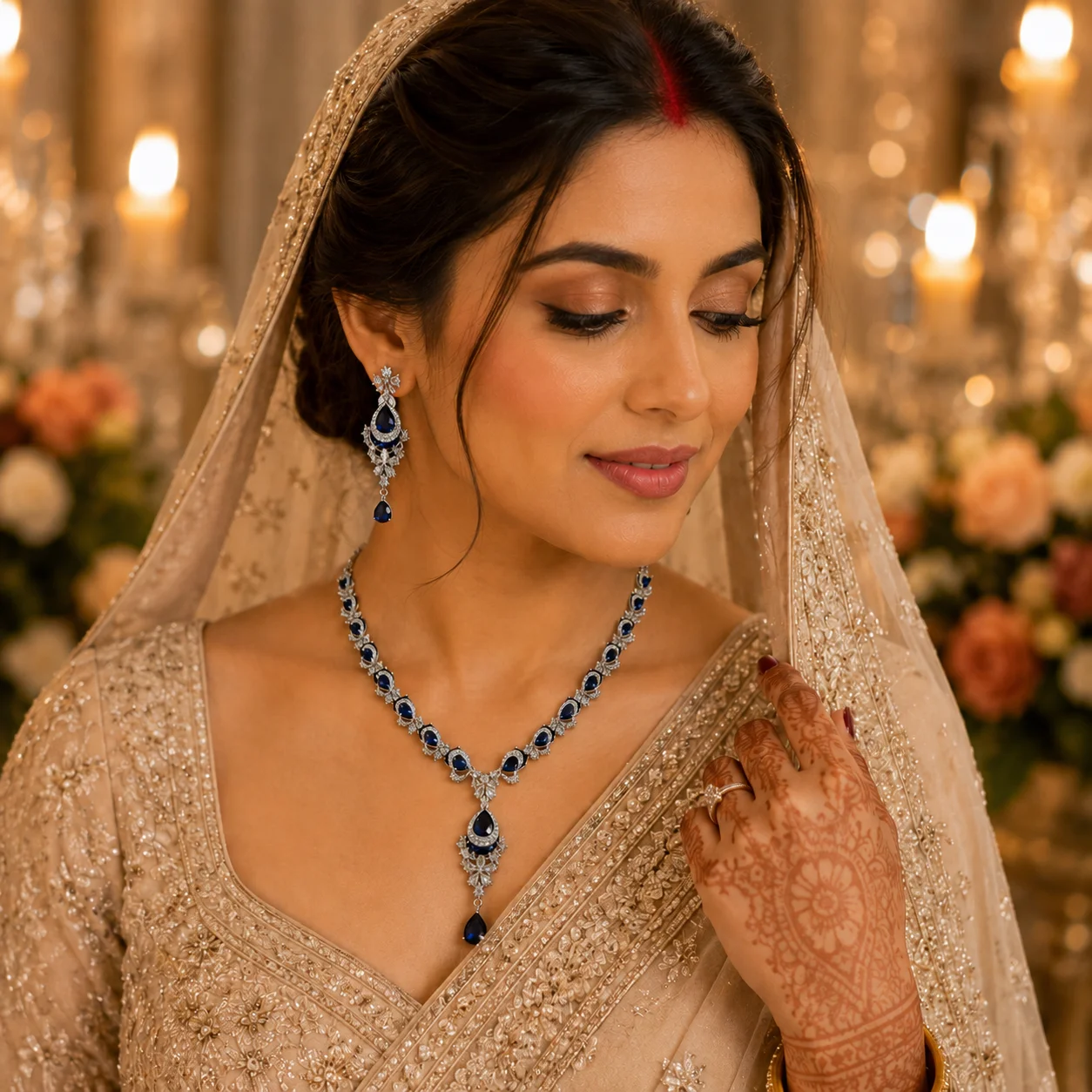 Royal Blue Elegance American Diamond Necklace Set | SDN1142