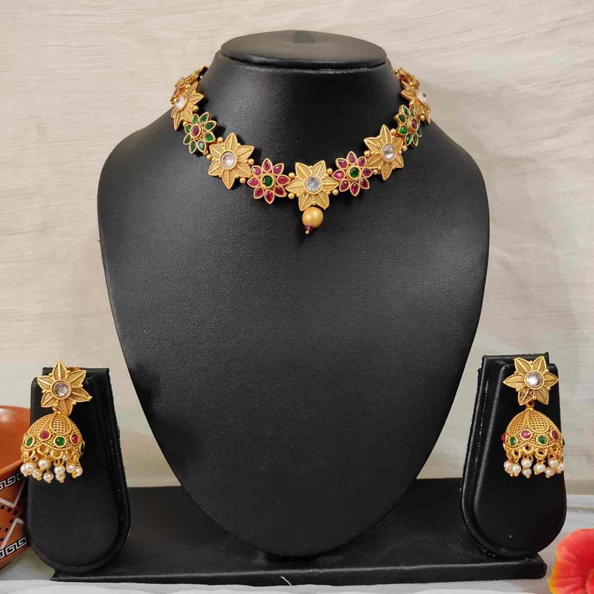 SDRN001(1) Latest Rajwadi Ruby,Green,American Diamond Choker Necklace and Jhumka Earring Set - Image 1