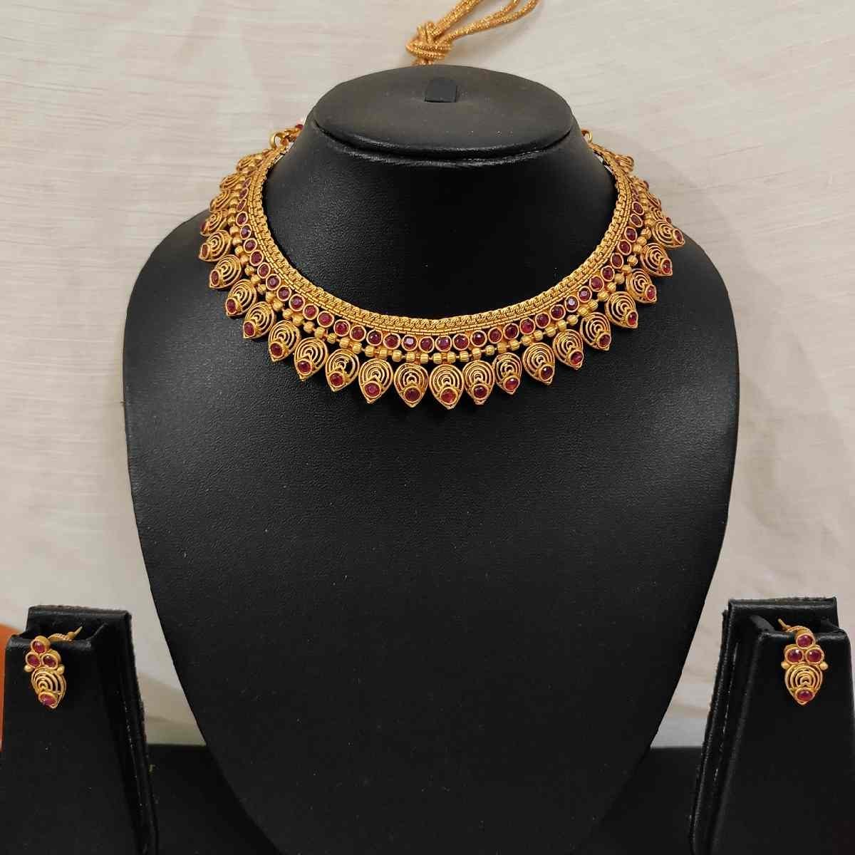 Unique Design Red Stone Rajwadi Choker Necklace and Stud Earring Traditional Jewllery Set