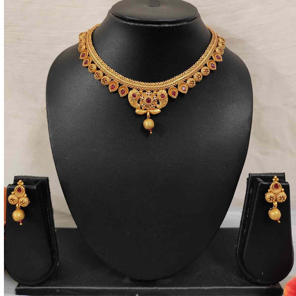 Unique Design Red Stone Rajwadi Choker Necklace and Stud Earring Traditional Jewllery Set
