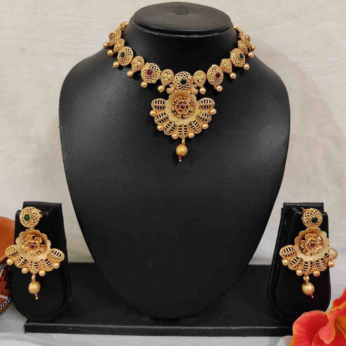 Flower and Leaf Design with Maroon , Grren Stone & Golden Ball Rajwadi Necklace and Earring Set