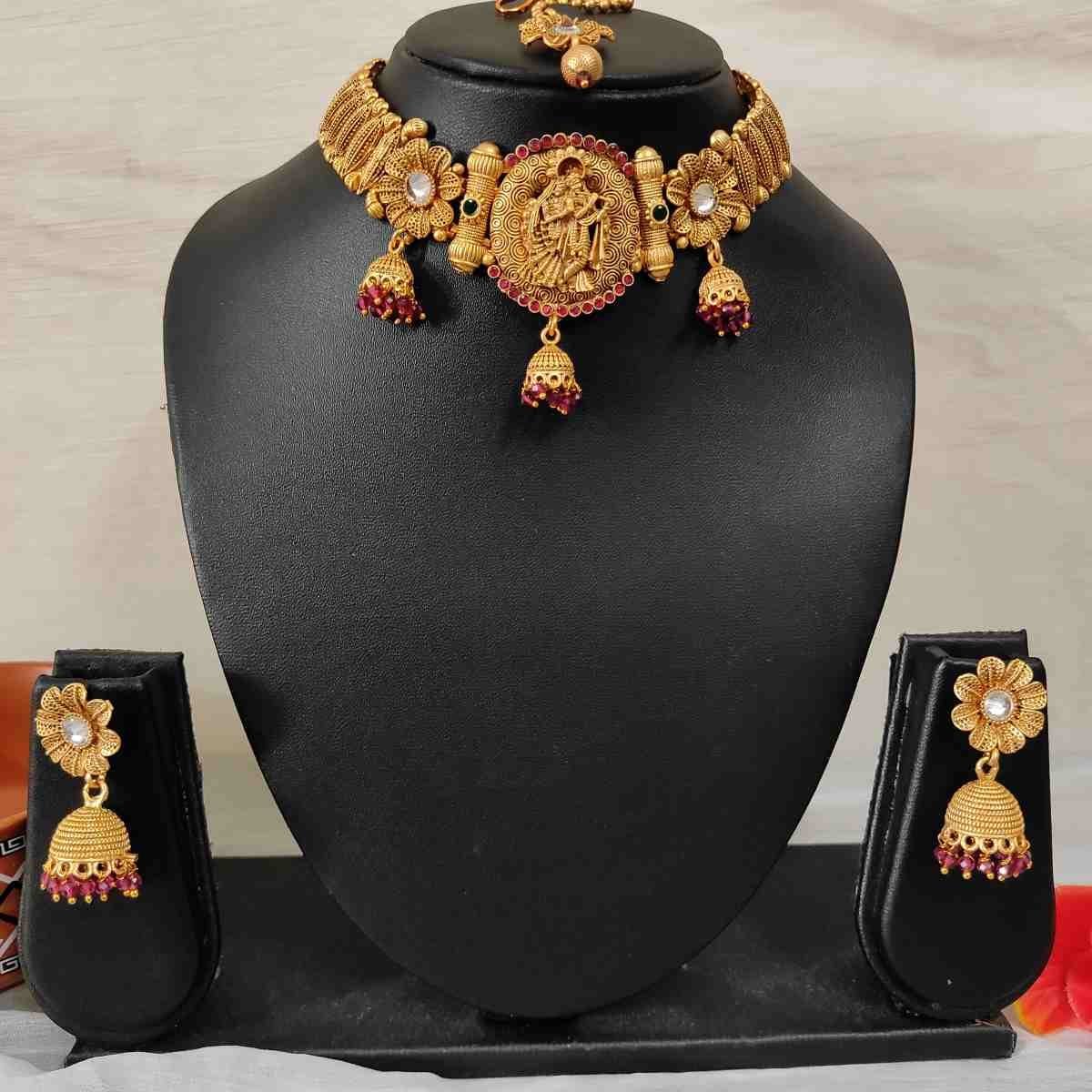Radha Krishna Temple Rajwadi Broad Choker, Earrings and Maang Tika Bridal & Semi- Bridal Jewellery Set